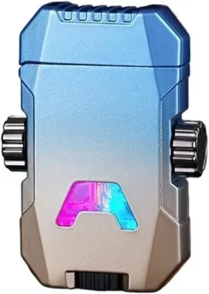 Waterproof Metal Butane Windproof Dual Flush Torch Lighter, Adjustable Dual Flame Inflatable Clear Visible Beam Lighter, Candle Lighter Outdoor Camping Gift for Men (Butane Not Included)(Cyan)