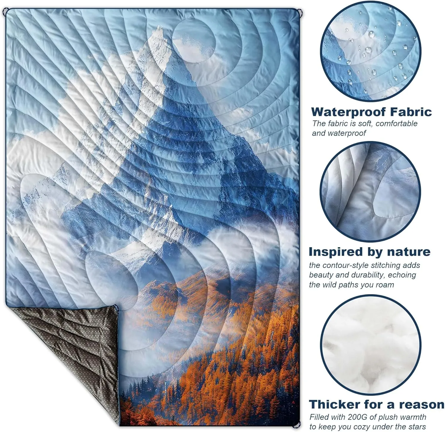 Waterproof Outdoor Camping Blanket - Reversible & Durable Packable Camping Quilt Comforter, 75"x50" Puffy Down Alternative Camp Blankets for Sleeping, Backpacking Hiking Compact Travel Essentials