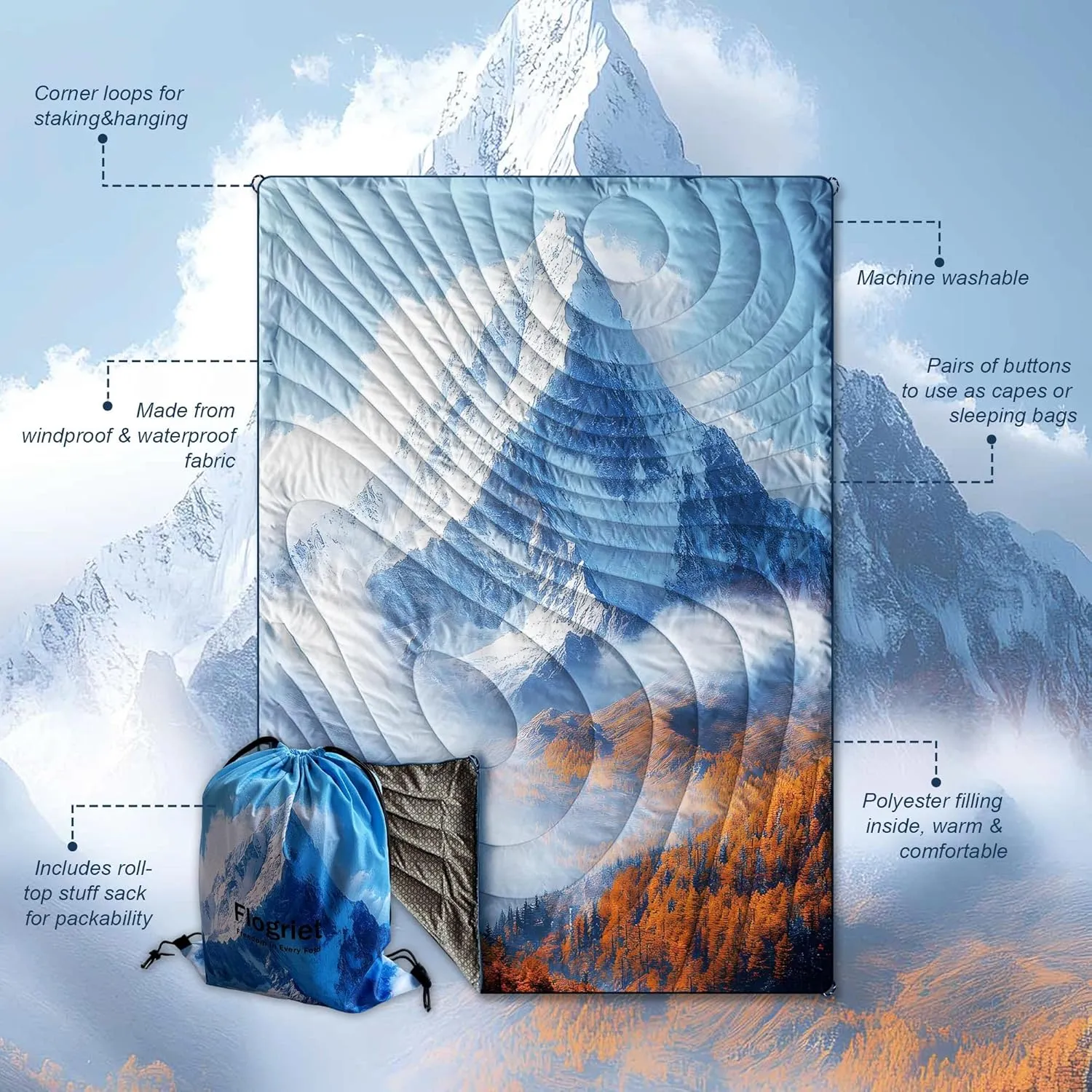 Waterproof Outdoor Camping Blanket - Reversible & Durable Packable Camping Quilt Comforter, 75"x50" Puffy Down Alternative Camp Blankets for Sleeping, Backpacking Hiking Compact Travel Essentials