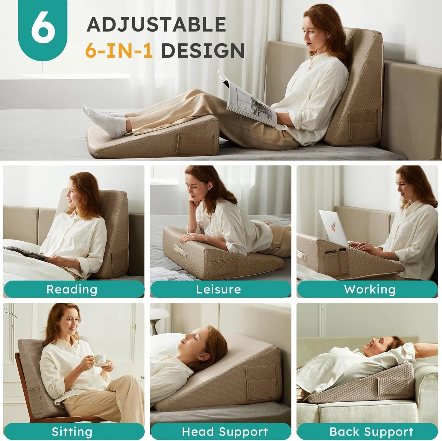 Wedge Pillow for Sleeping, 12 inch Elevated Support Bed Wedge Pillow, Breathable Triangle Pillow Wedge with Cooling Memory Foam Top - Removable Washable Cover, Coffee