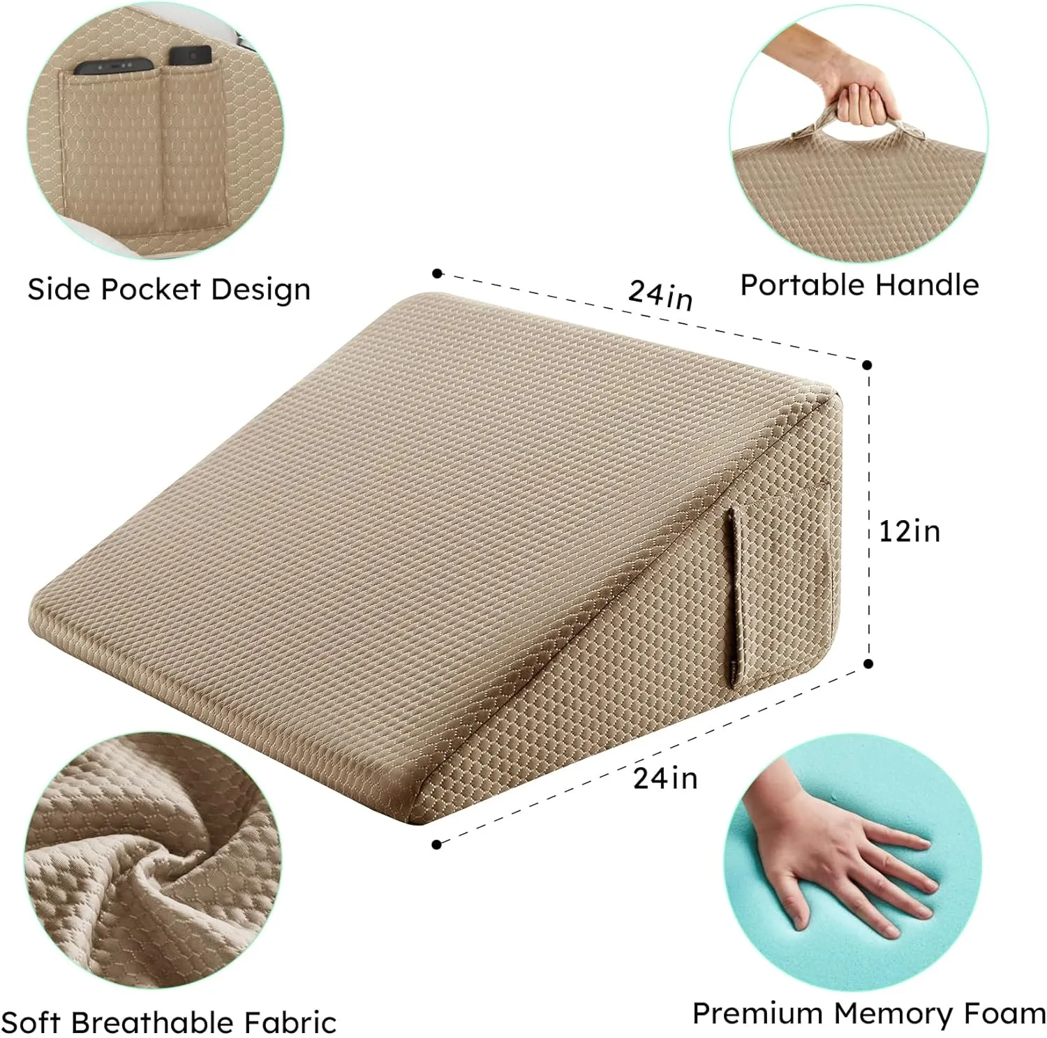 Wedge Pillow for Sleeping, 12 inch Elevated Support Bed Wedge Pillow, Breathable Triangle Pillow Wedge with Cooling Memory Foam Top - Removable Washable Cover, Coffee