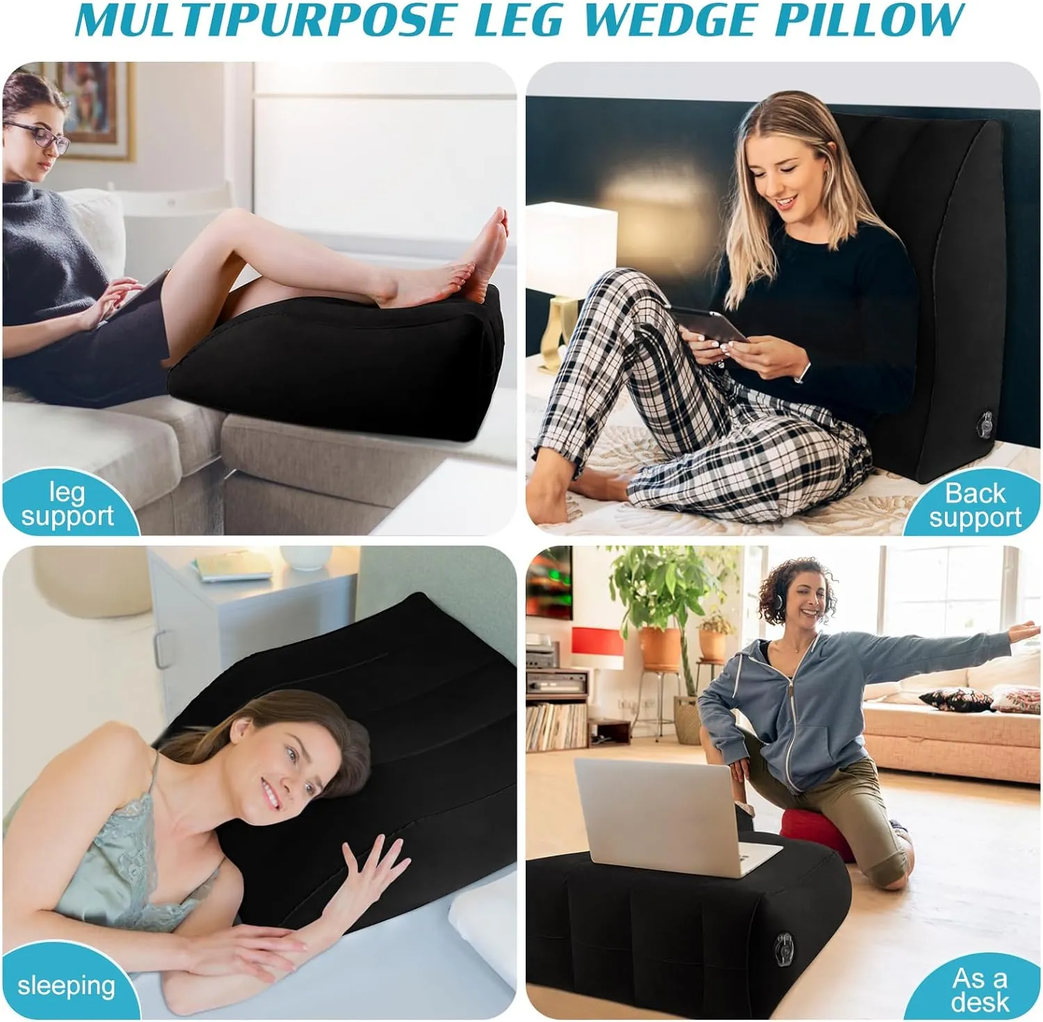 Wedge Pillow for Sleeping - Inflatable Leg Elevation Pillow for Swelling,Circulation,Leg & Back Pain Relief,Leg Support Pillow,Leg Wedge Pillows for After Aurgery,Hip,Foot,Ankle Recovery (Black)