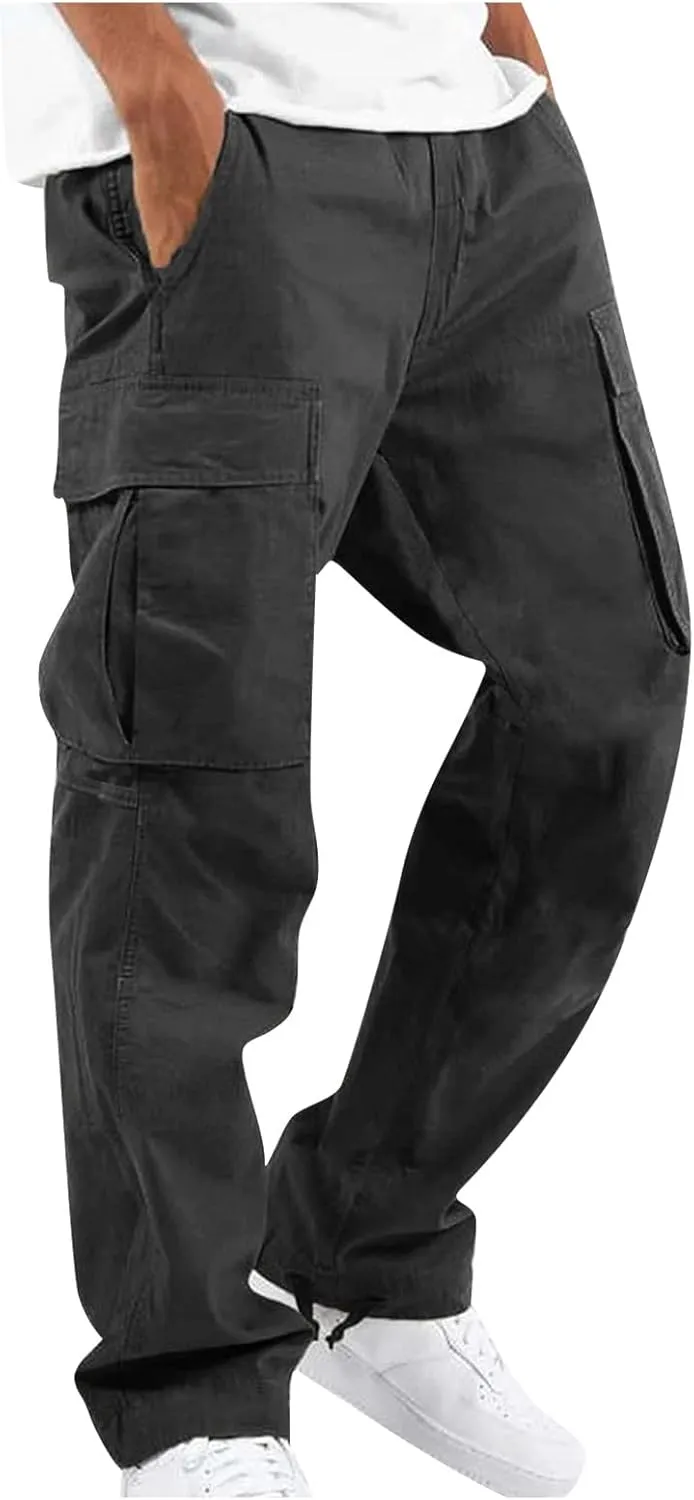 WENKOMG1 Men's Basic Tactical Bottoms Breathable Elastic Waist Trousers Pencil Leg Sports Bottoms
