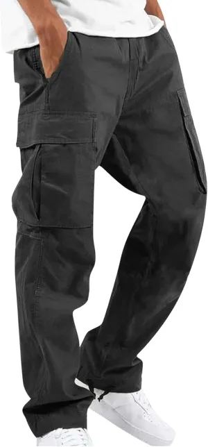 WENKOMG1 Men's Basic Tactical Bottoms Breathable Elastic Waist Trousers Pencil Leg Sports Bottoms
