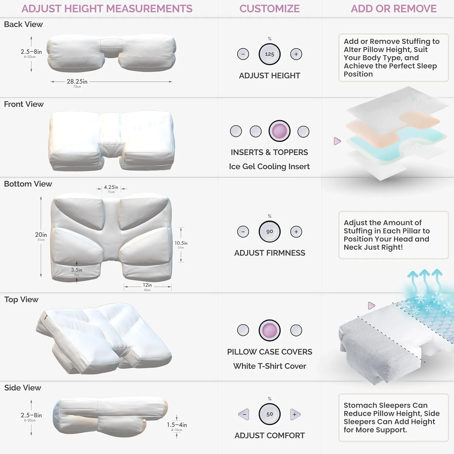 Wife Pillow - Topper, Rayon Shell/Charcoal Shredded High Density Memory Foam Filling. Adjustable for Side Sleepers by Zipper Access to Add/Remove Fill for Best Sleeping: High Denisty Support