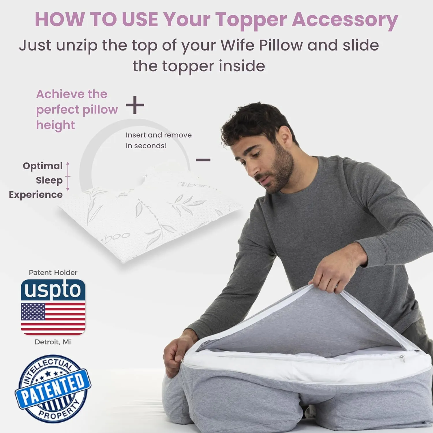 Wife Pillow - Topper, Rayon Shell/Charcoal Shredded High Density Memory Foam Filling. Adjustable for Side Sleepers by Zipper Access to Add/Remove Fill for Best Sleeping: High Denisty Support