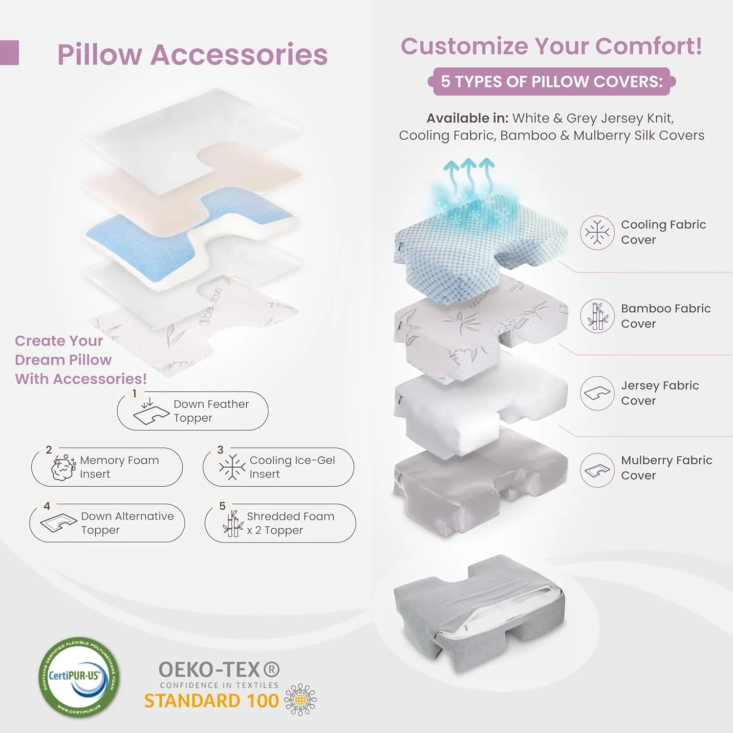 Wife Pillow - Topper, Rayon Shell/Charcoal Shredded High Density Memory Foam Filling. Adjustable for Side Sleepers by Zipper Access to Add/Remove Fill for Best Sleeping: High Denisty Support
