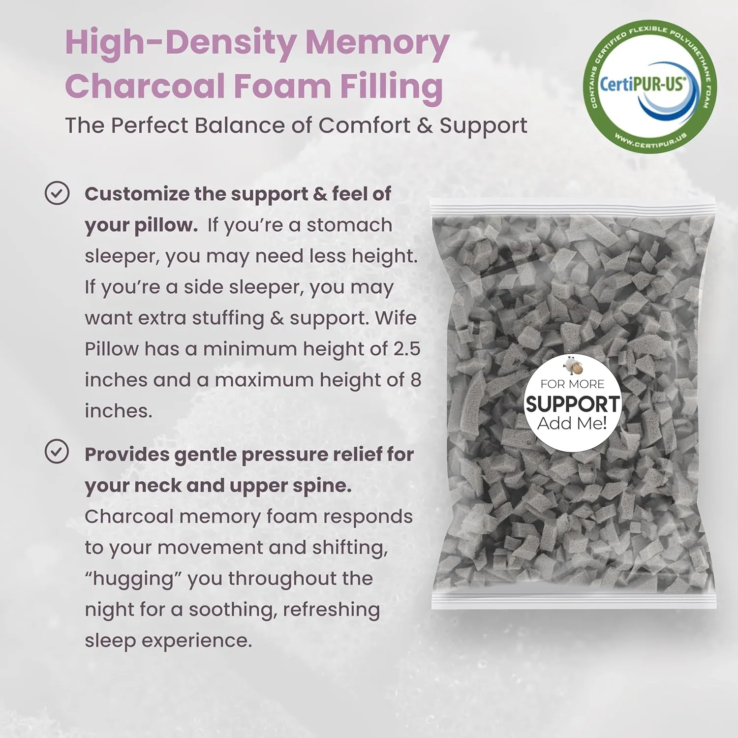 Wife Pillow - Topper, Rayon Shell/Charcoal Shredded High Density Memory Foam Filling. Adjustable for Side Sleepers by Zipper Access to Add/Remove Fill for Best Sleeping: High Denisty Support