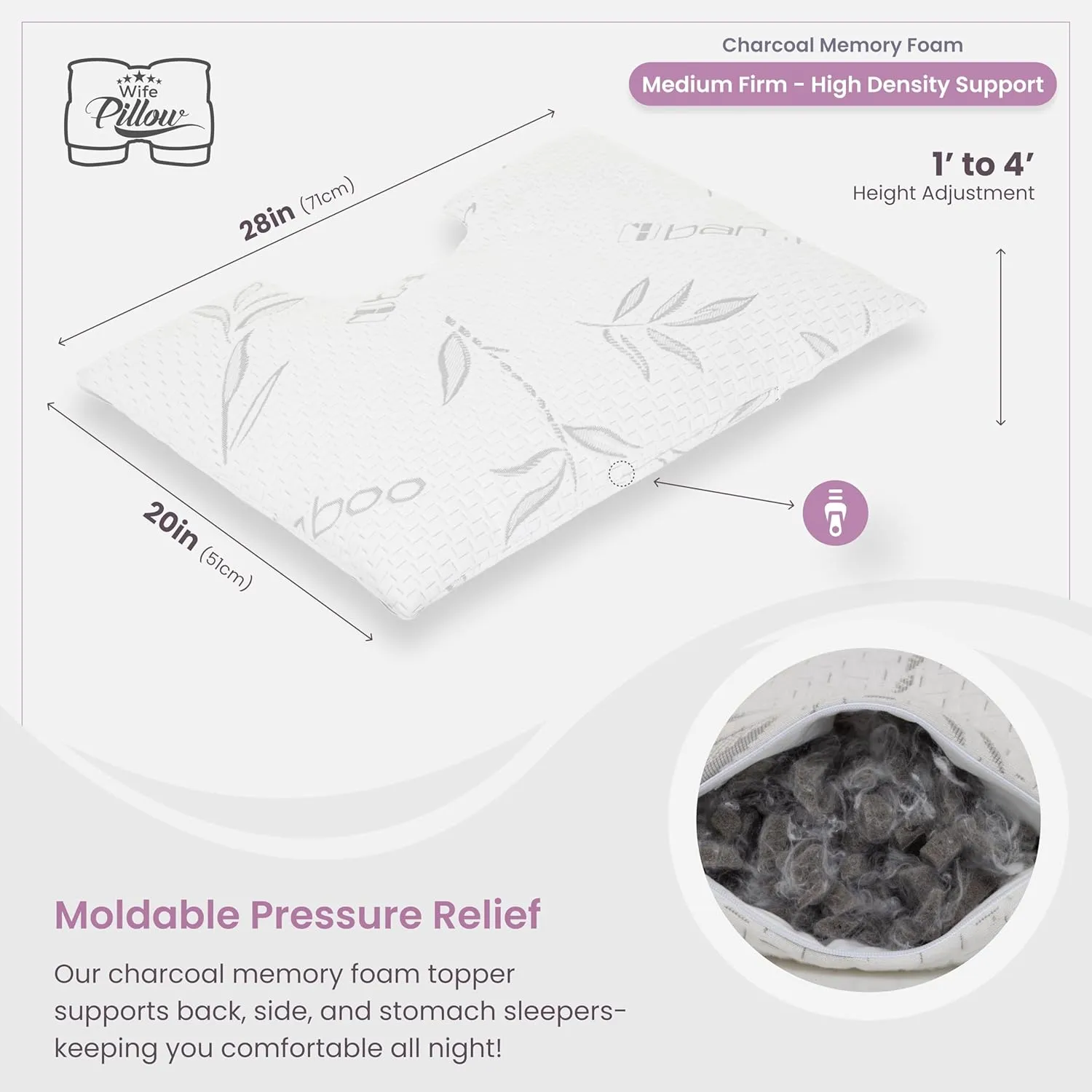 Wife Pillow - Topper, Rayon Shell/Charcoal Shredded High Density Memory Foam Filling. Adjustable for Side Sleepers by Zipper Access to Add/Remove Fill for Best Sleeping: High Denisty Support