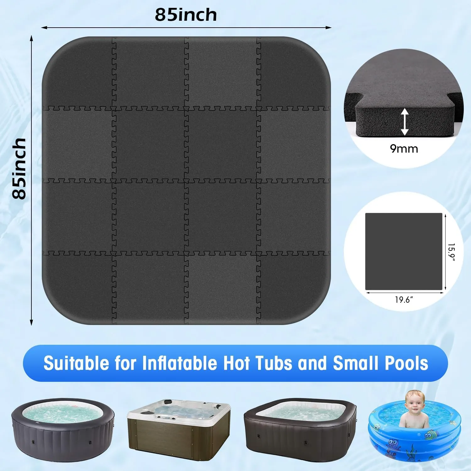 Winceed 85 inch Hot Tub Mat, 9mm Thickness Hot Tub Mat for Inflatable Tub Outdoor Indoor, Absorbent Spa Pool Flooring Protector Pad, EVA Foam Padding for Portable Round/Square Hot Tubs (Black)