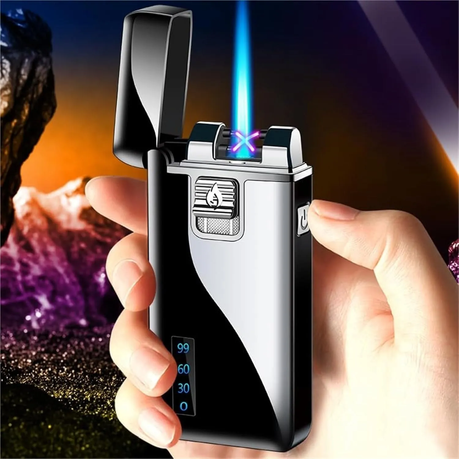Windproof Direct-fire Torch Lighter, Flame Adjustment, Fuel Filling, Dual arc Lighter, Suitable for Indoor Camping (Fuel not Included)(Red)
