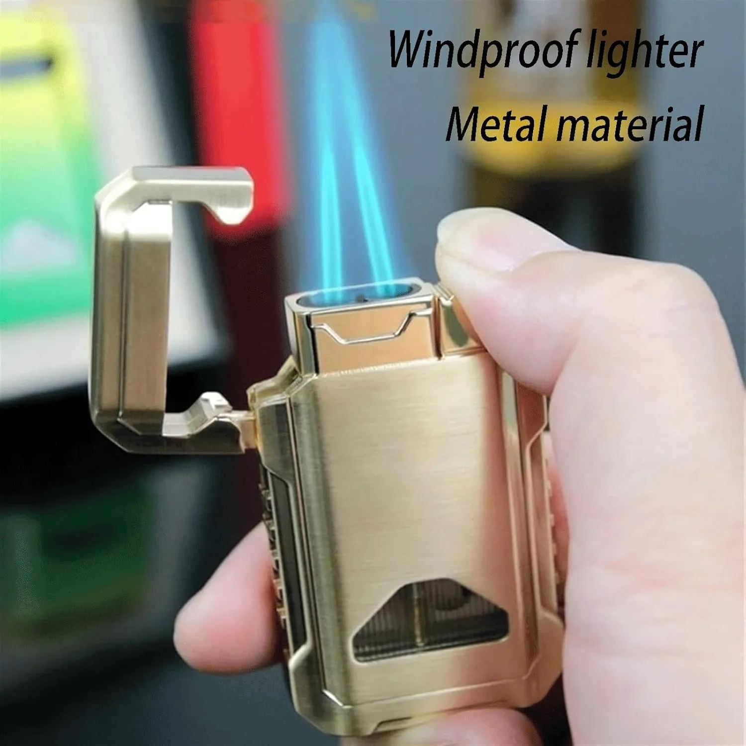 Windproof Dual Fire Butane Blue Flame Lighter Metal Portable Refillable Butane with Visible Fuel Window Refillable Lighter Perfect for Outdoor Gifts (Fuel Not Included)(Gold)