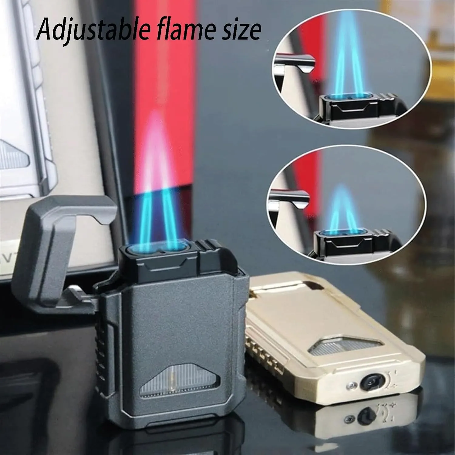 Windproof Dual Fire Butane Blue Flame Lighter Metal Portable Refillable Butane with Visible Fuel Window Refillable Lighter Perfect for Outdoor Gifts (Fuel Not Included)(Gold)
