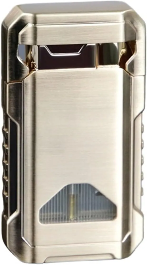 Windproof Dual Fire Butane Blue Flame Lighter Metal Portable Refillable Butane with Visible Fuel Window Refillable Lighter Perfect for Outdoor Gifts (Fuel Not Included)(Gold)