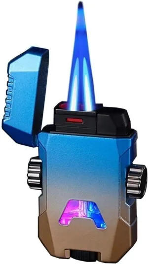 Windproof Dual Flush Waterproof Metal Butane Torch Lighter, Adjustable Dual Flame Inflatable Clear Visible Beam Lighter, Candle Lighter Outdoor Camping Gift for Men (Butane Not Included)(Blue)
