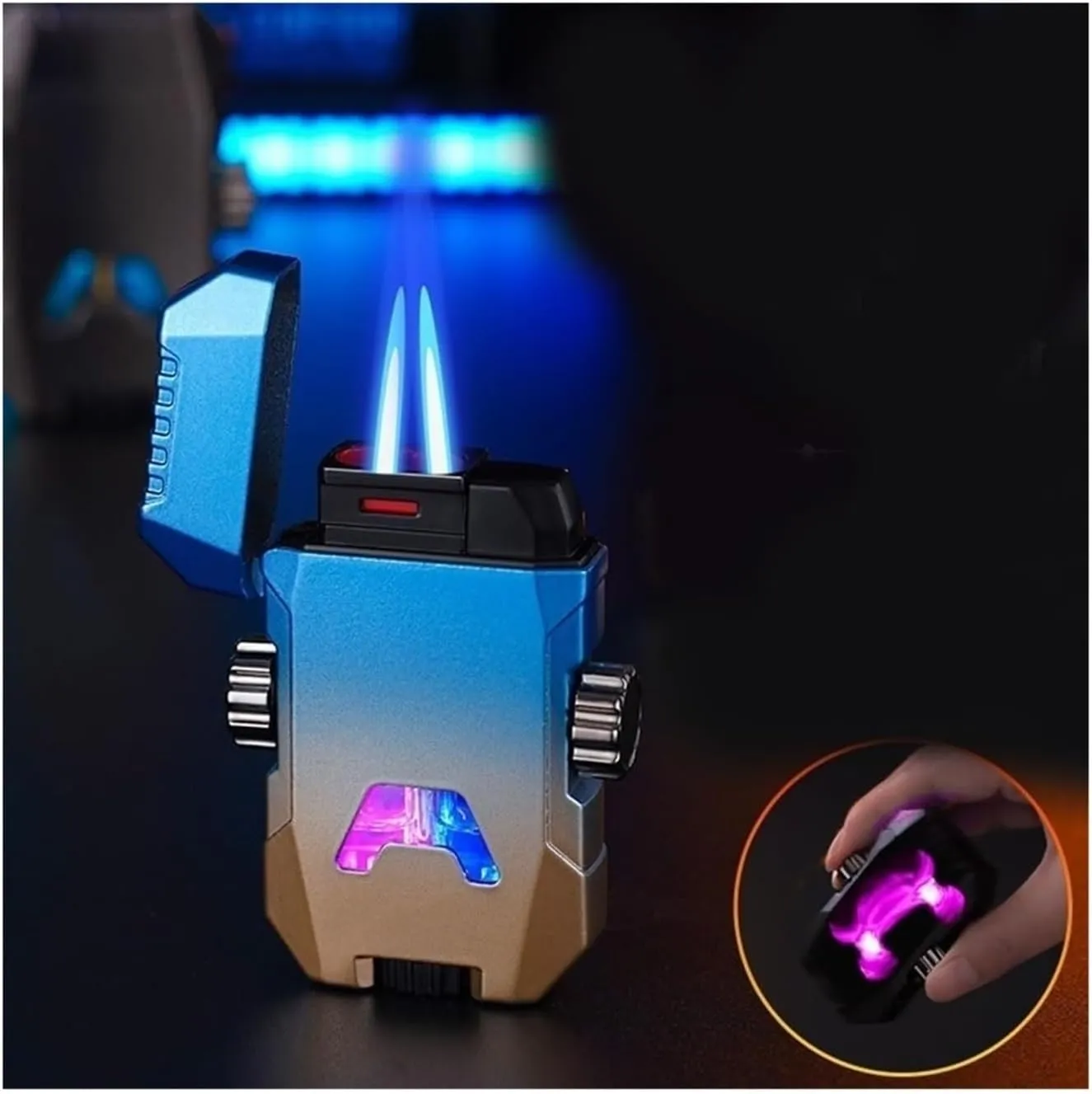 Windproof Dual Flush Waterproof Metal Butane Torch Lighter, Adjustable Dual Flame Inflatable Transparent Visible Beam Lighter, Candle Lighter Outdoor Camping Men Gift (Butane Not Included)(Pink)