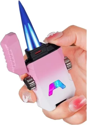 Windproof Dual Flush Waterproof Metal Butane Torch Lighter, Adjustable Dual Flame Inflatable Transparent Visible Beam Lighter, Candle Lighter Outdoor Camping Men Gift (Butane Not Included)(Pink)