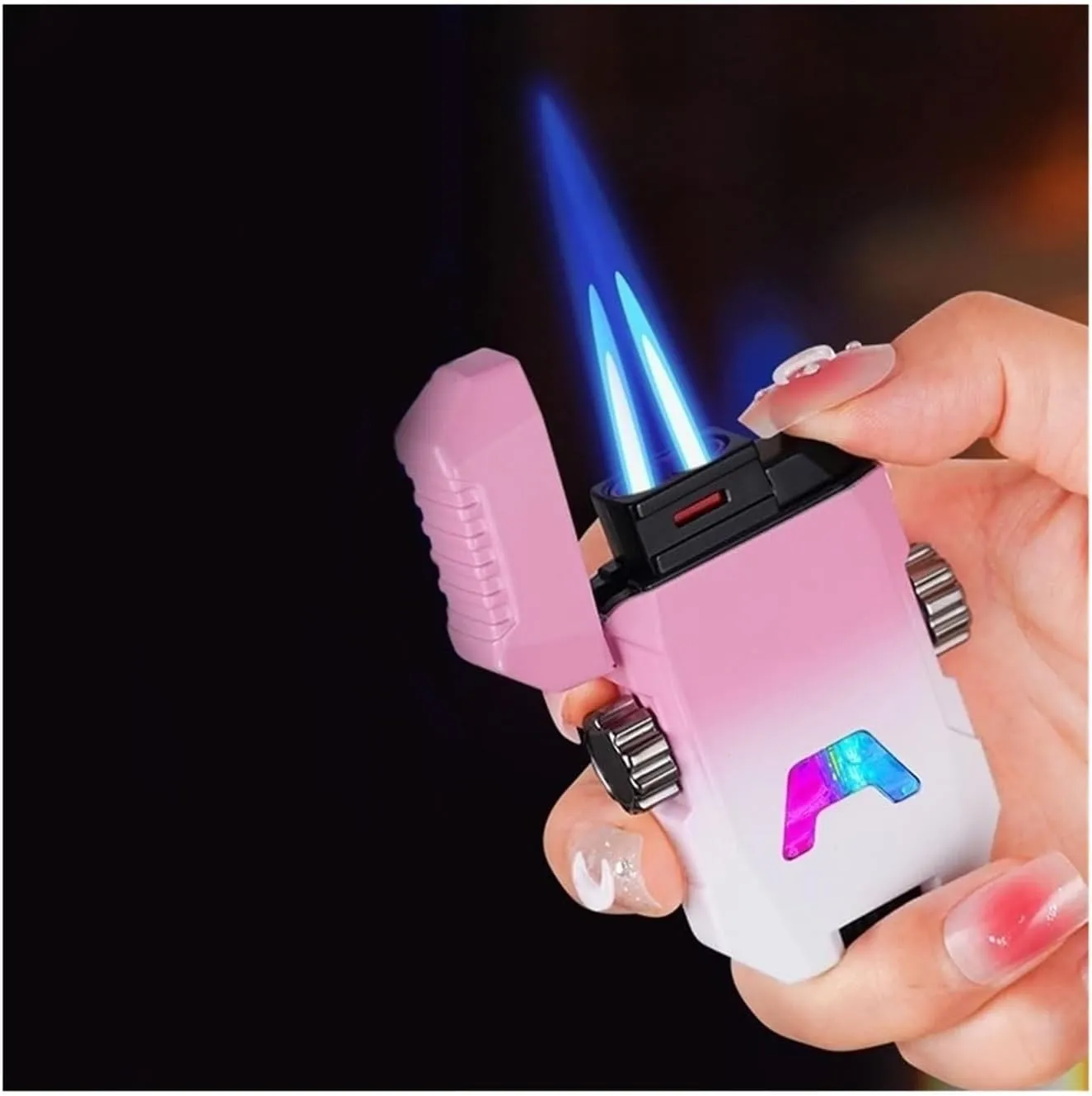 Windproof Dual Flush Waterproof Metal Butane Torch Lighter, Adjustable Dual Flame Inflatable Transparent Visible Beam Lighter, Candle Lighter Outdoor Camping Men Gift (Butane Not Included)(Pink)