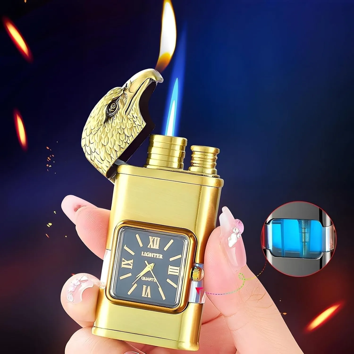 Windproof Lighter with Watch, Jet Fire/Soft Fire Switchable Lighter, Adjustable Flame Dial, Cool Magic Dual Flame Dragon Torch Lighter, Refillable Vintage Gift for Men/Husband (Fuel Not Included)(Gold