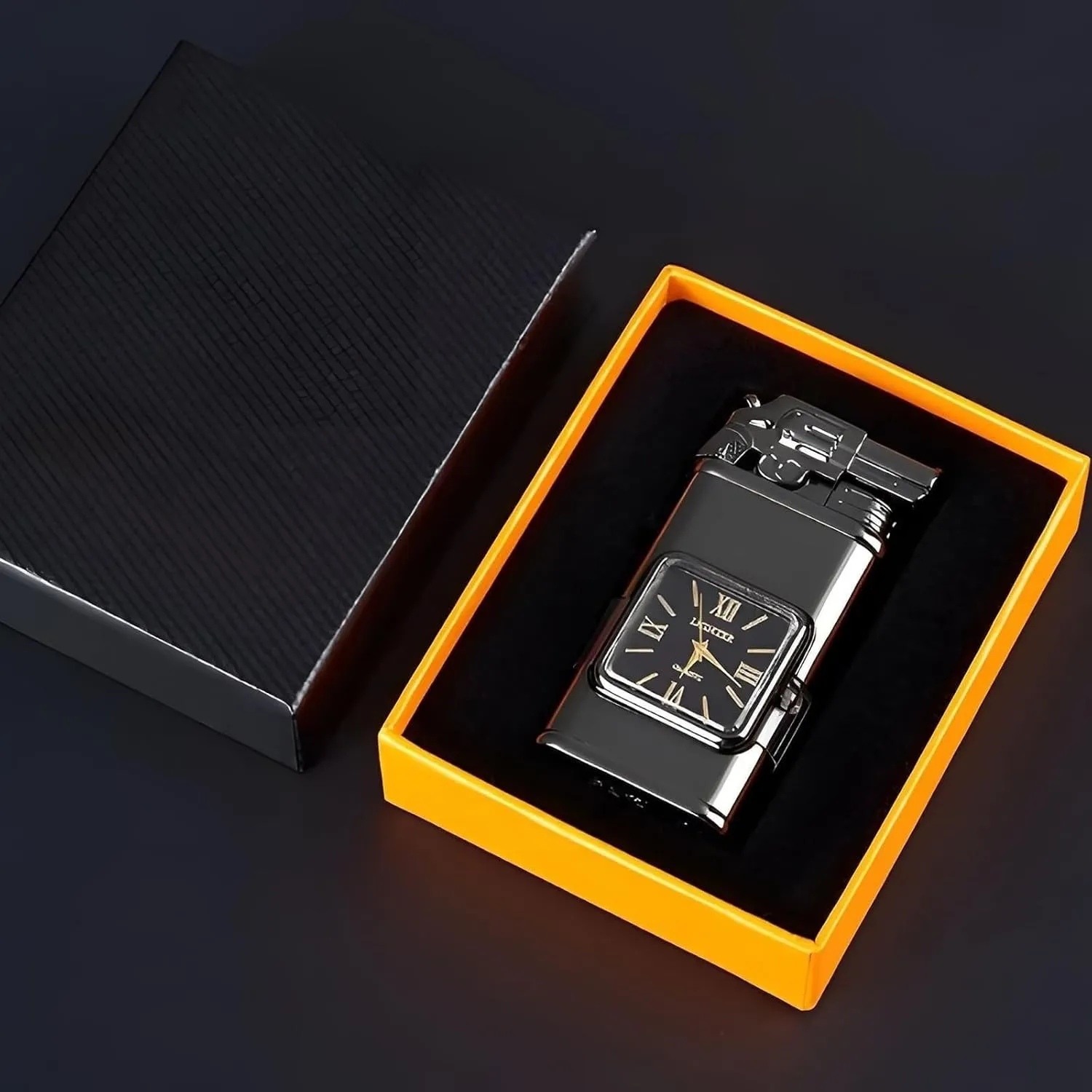 Windproof Lighter with Watch, Jet Fire/Soft Fire Switchable Lighter, Adjustable Flame Dial, Cool Magic Dual Flame Dragon Torch Lighter, Refillable Vintage Gift for Men/Husband (Fuel Not Included)(Gold