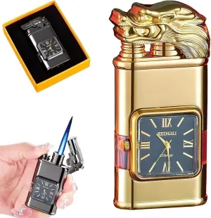Windproof Lighter with Watch, Jet Fire/Soft Fire Switchable Lighter, Adjustable Flame Dial, Cool Magic Dual Flame Dragon Torch Lighter, Refillable Vintage Gift for Men/Husband (Fuel Not Included)(Gold