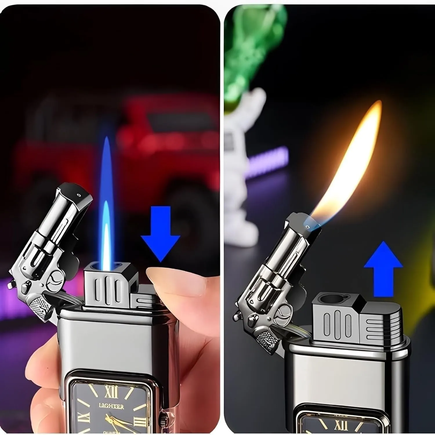 Windproof Lighter with Watch, Jet Fire/Soft Fire Switchable Lighter, Adjustable Flame Dial, Cool Magic Dual Flame Dragon Torch Lighter, Refillable Vintage Gift for Men/Husband (Fuel Not Included)(Gold