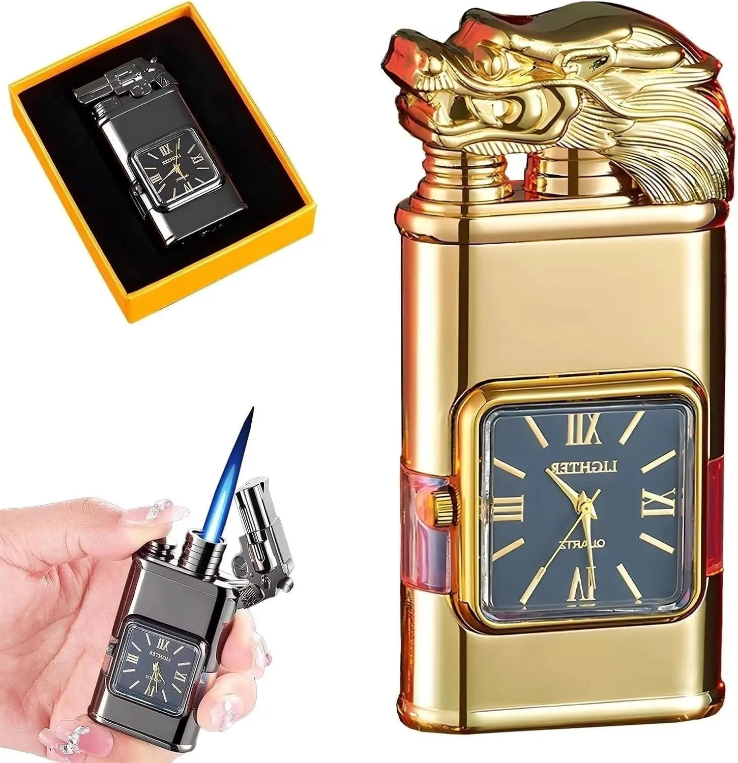 Windproof Lighter with Watch, Jet Fire/Soft Fire Switchable Lighter, Adjustable Flame Dial, Cool Magic Dual Flame Dragon Torch Lighter, Refillable Vintage Gift for Men/Husband (Fuel Not Included)(Gold