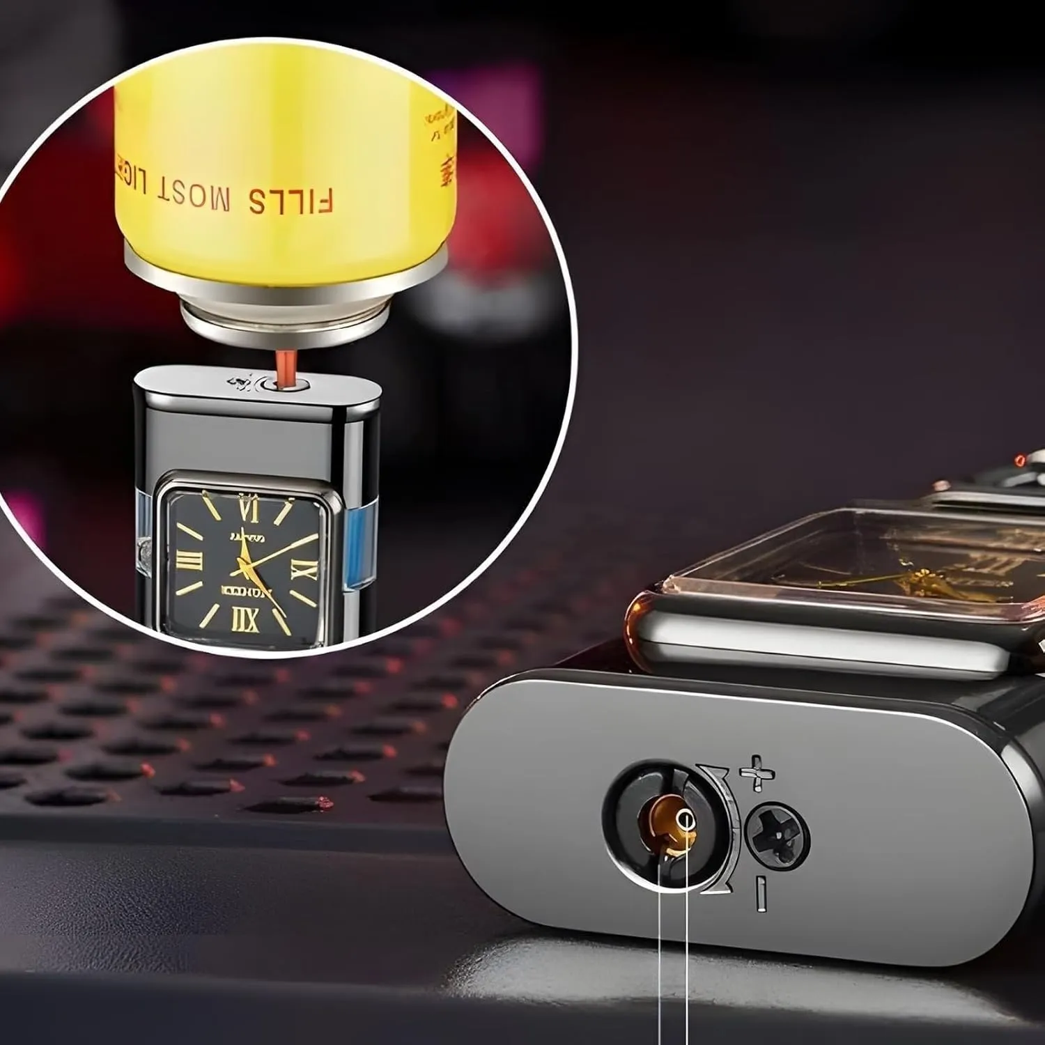 Windproof Lighter with Watch, Jet Fire/Soft Fire Switchable Lighter, Adjustable Flame Dial, Cool Magic Dual Flame Dragon Torch Lighter, Refillable Vintage Gift for Men/Husband (Fuel Not Included)(Gold