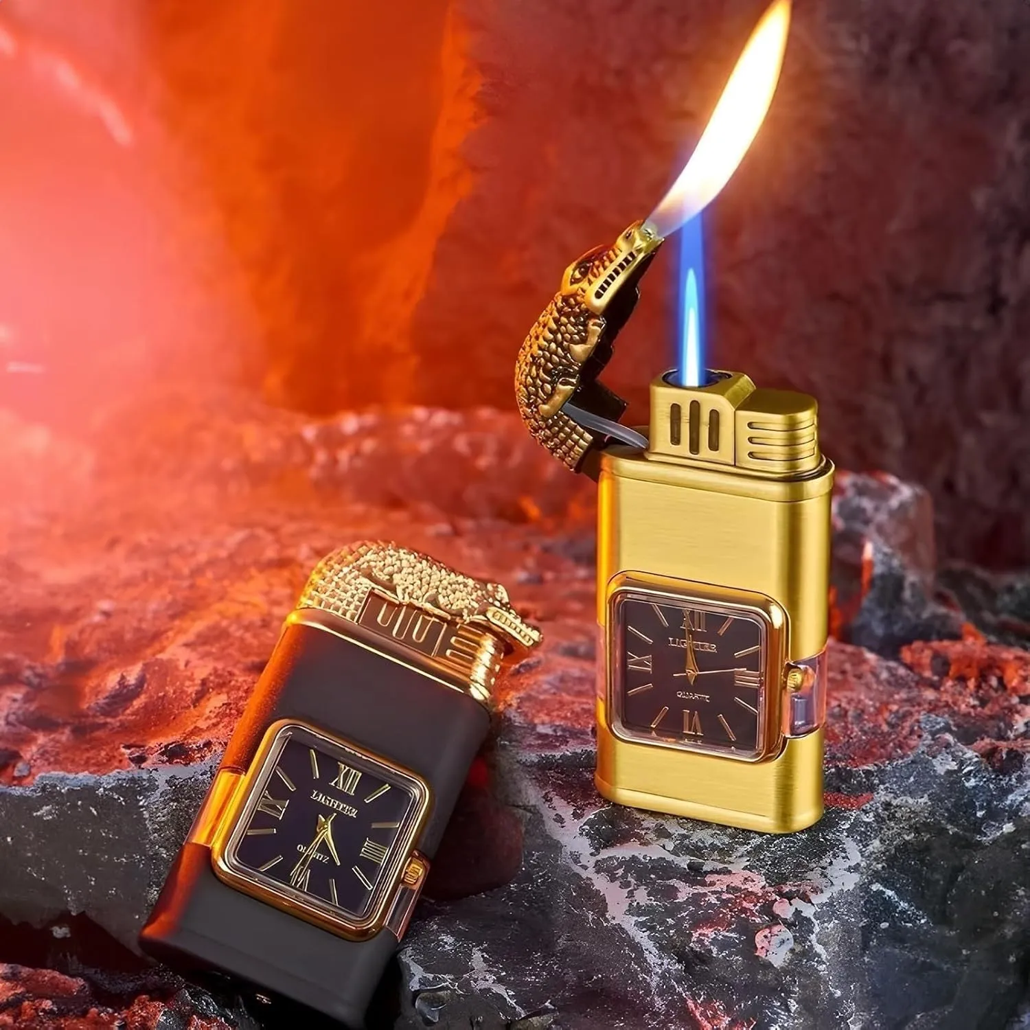 Windproof Lighter with Watch, Jet Fire/Soft Fire Switchable Lighter, Adjustable Flame Dial, Cool Magic Dual Flame Dragon Torch Lighter, Refillable Vintage Gift for Men/Husband (Fuel Not Included)(Gold