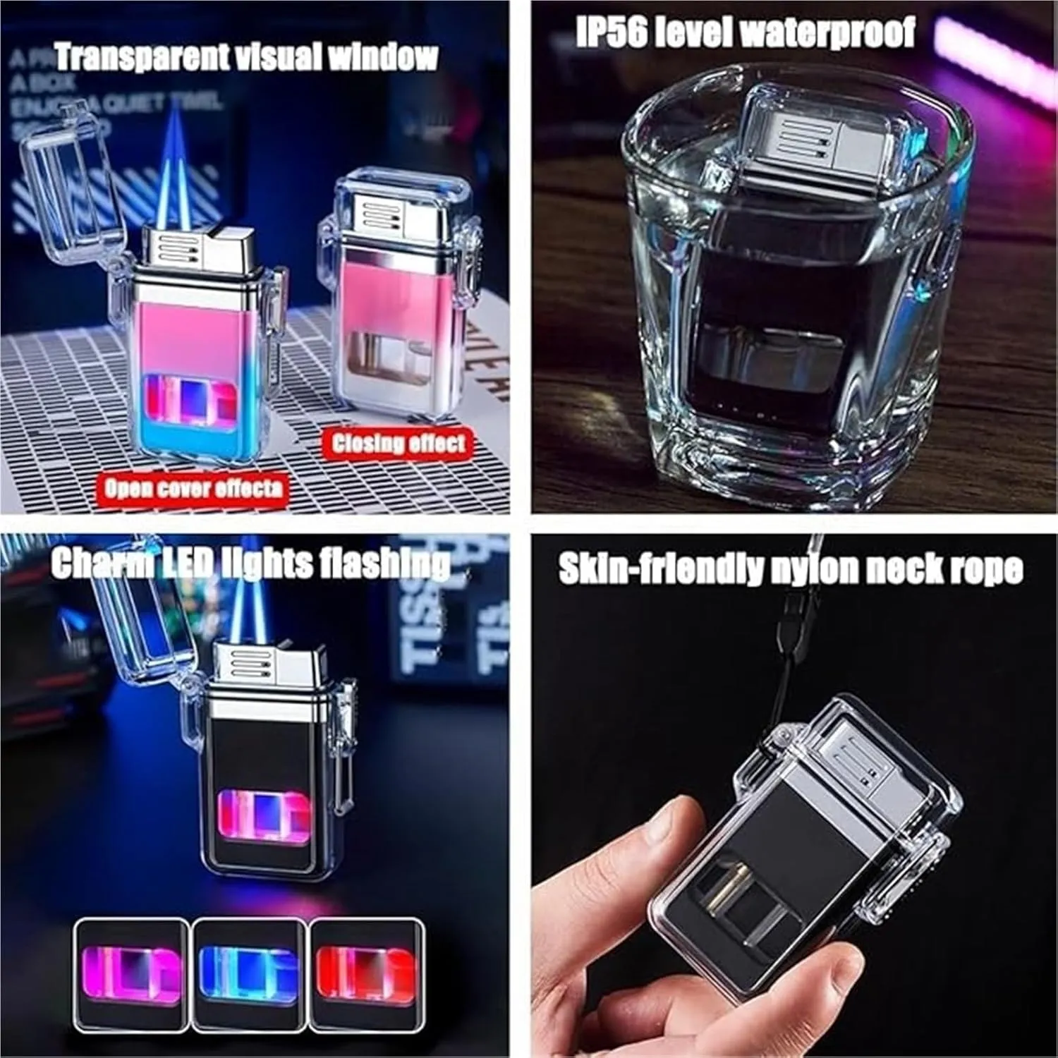 Windproof Metal Dual Flame Lighter,Waterproof Butane Lighter, Transparent Body Lighter, Suitable for Fireplace Barbecue Camping Lighter(Pink)