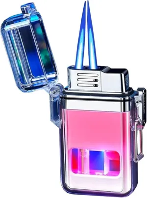 Windproof Metal Dual Flame Lighter,Waterproof Butane Lighter, Transparent Body Lighter, Suitable for Fireplace Barbecue Camping Lighter(Pink)