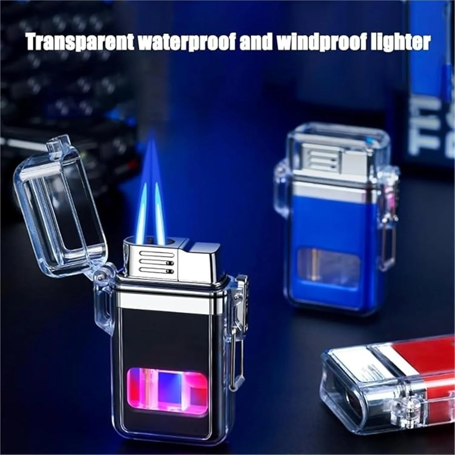 Windproof Metal Dual Flame Lighter,Waterproof Butane Lighter, Transparent Body Lighter, Suitable for Fireplace Barbecue Camping Lighter(Pink)
