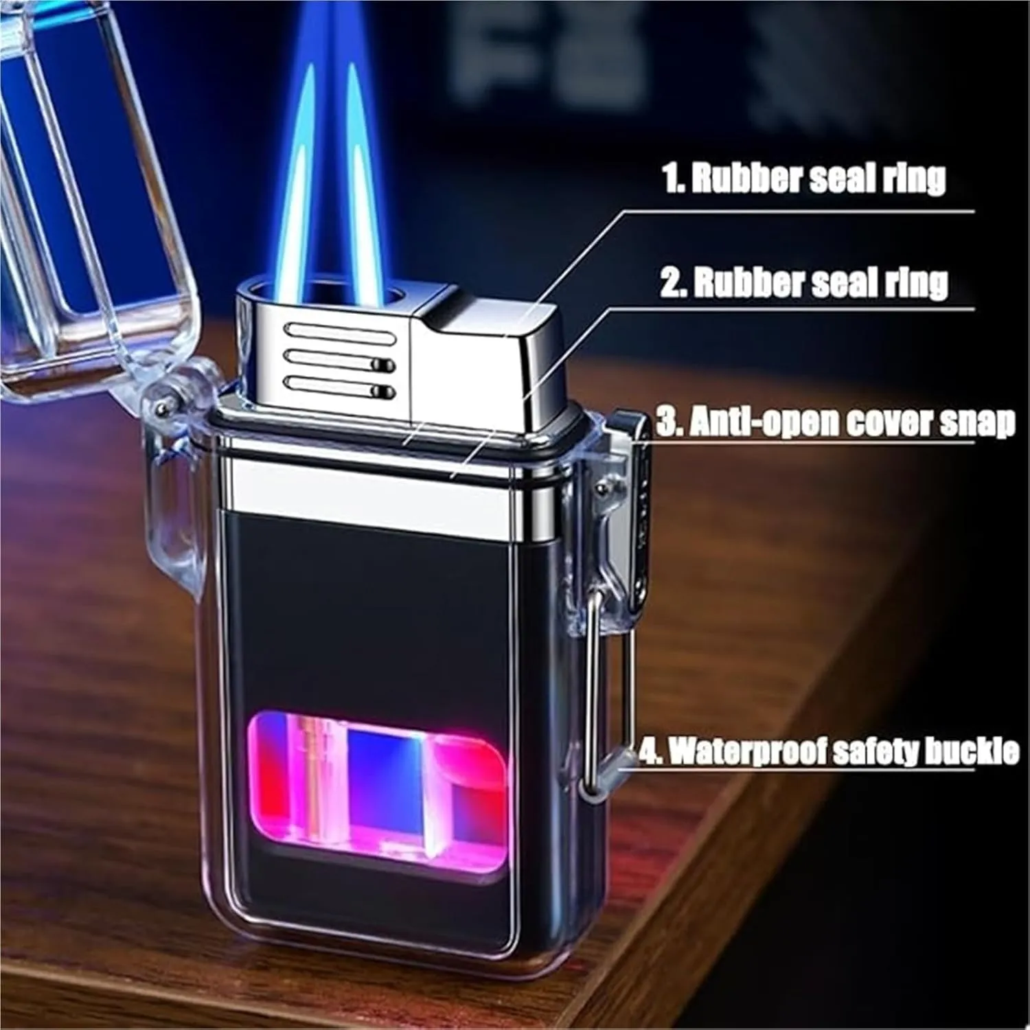 Windproof Metal Dual Flame Lighter,Waterproof Butane Lighter, Transparent Body Lighter, Suitable for Fireplace Barbecue Camping Lighter(Pink)