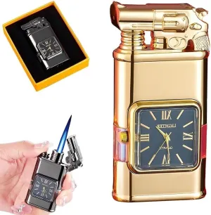 Windproof Switchable Dual Fire Metal Inflatable Lighter, Vintage Watch Bezel Jet Flame Butane Torch Lighter, Adjustable Flame and Refillable Butane Gas Candle Lighter with Gift Box(Gold-b)