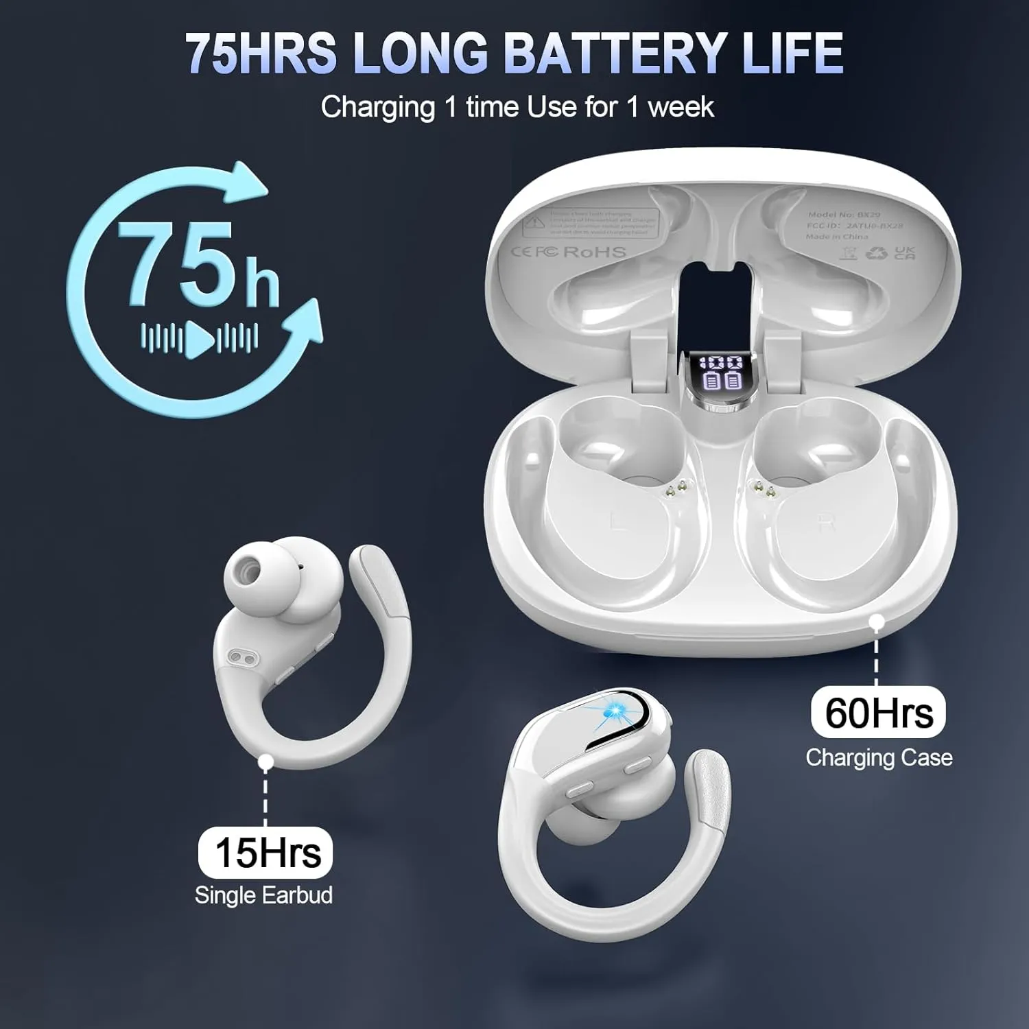 Wireless Earbud Bluetooth 5.4 Headphones 75Hrs Playtime, 2025 Bluetooth Earbuds Deep Bass Noise Cancelling Mic, Over Ear Bud with Sport Earhooks, IP7 Waterproof Earphones Button Control, USB-C White
