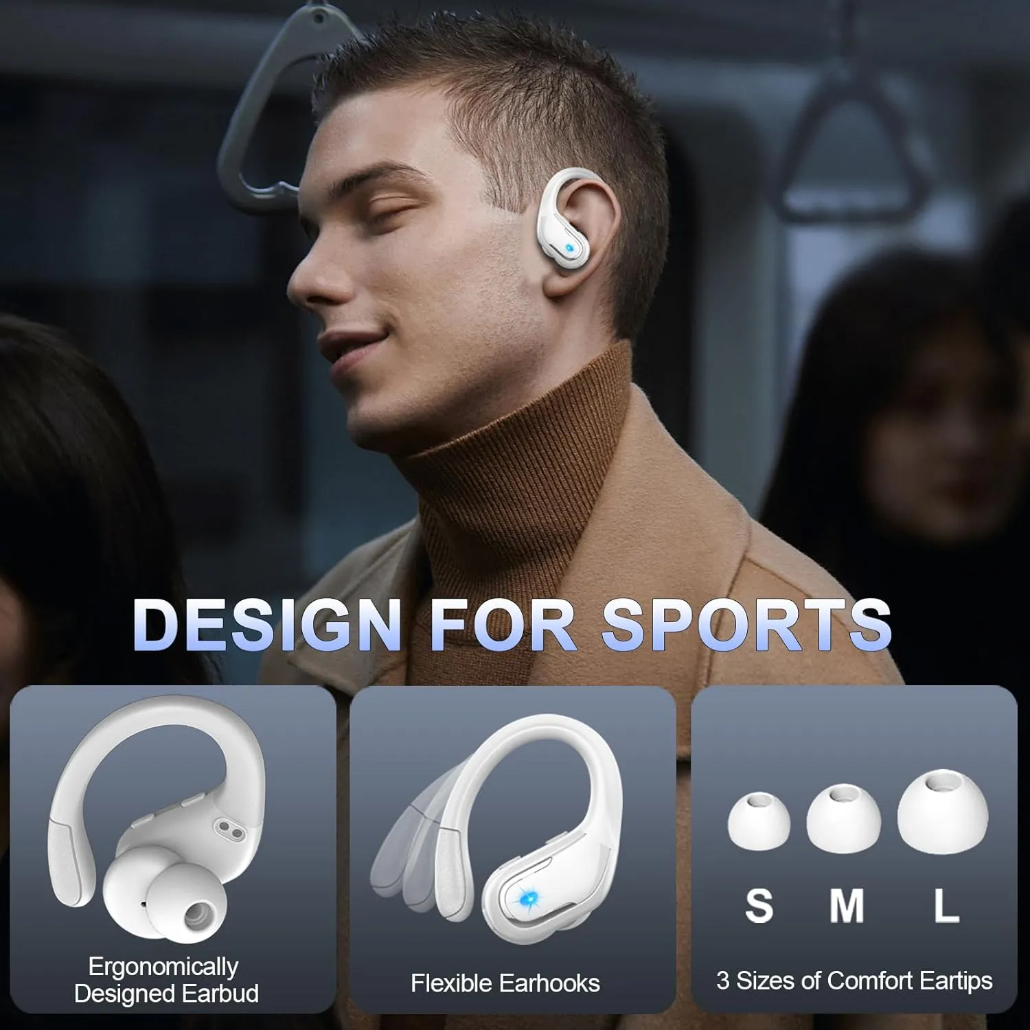 Wireless Earbud Bluetooth 5.4 Headphones 75Hrs Playtime, 2025 Bluetooth Earbuds Deep Bass Noise Cancelling Mic, Over Ear Bud with Sport Earhooks, IP7 Waterproof Earphones Button Control, USB-C White
