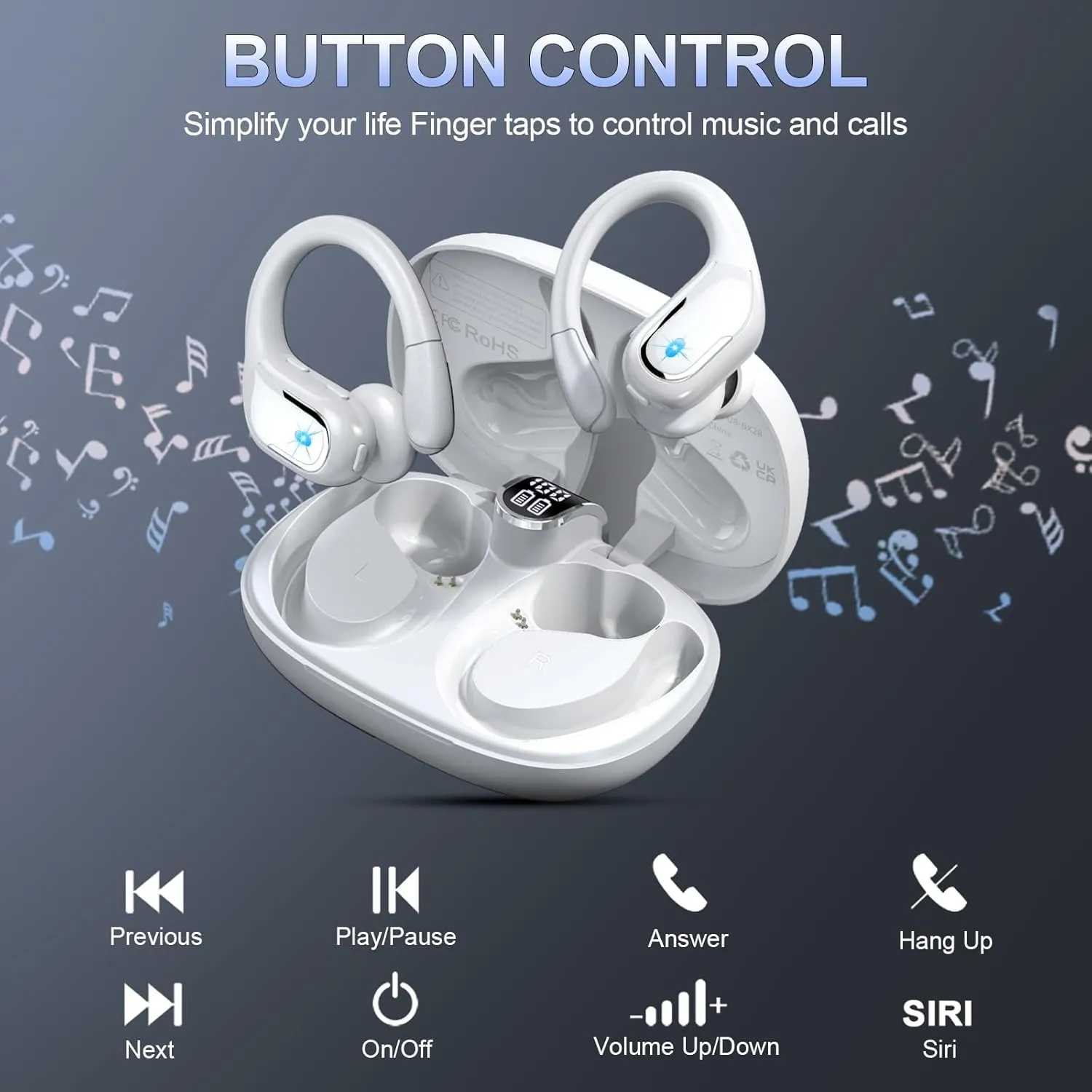 Wireless Earbud Bluetooth 5.4 Headphones 75Hrs Playtime, 2025 Bluetooth Earbuds Deep Bass Noise Cancelling Mic, Over Ear Bud with Sport Earhooks, IP7 Waterproof Earphones Button Control, USB-C White