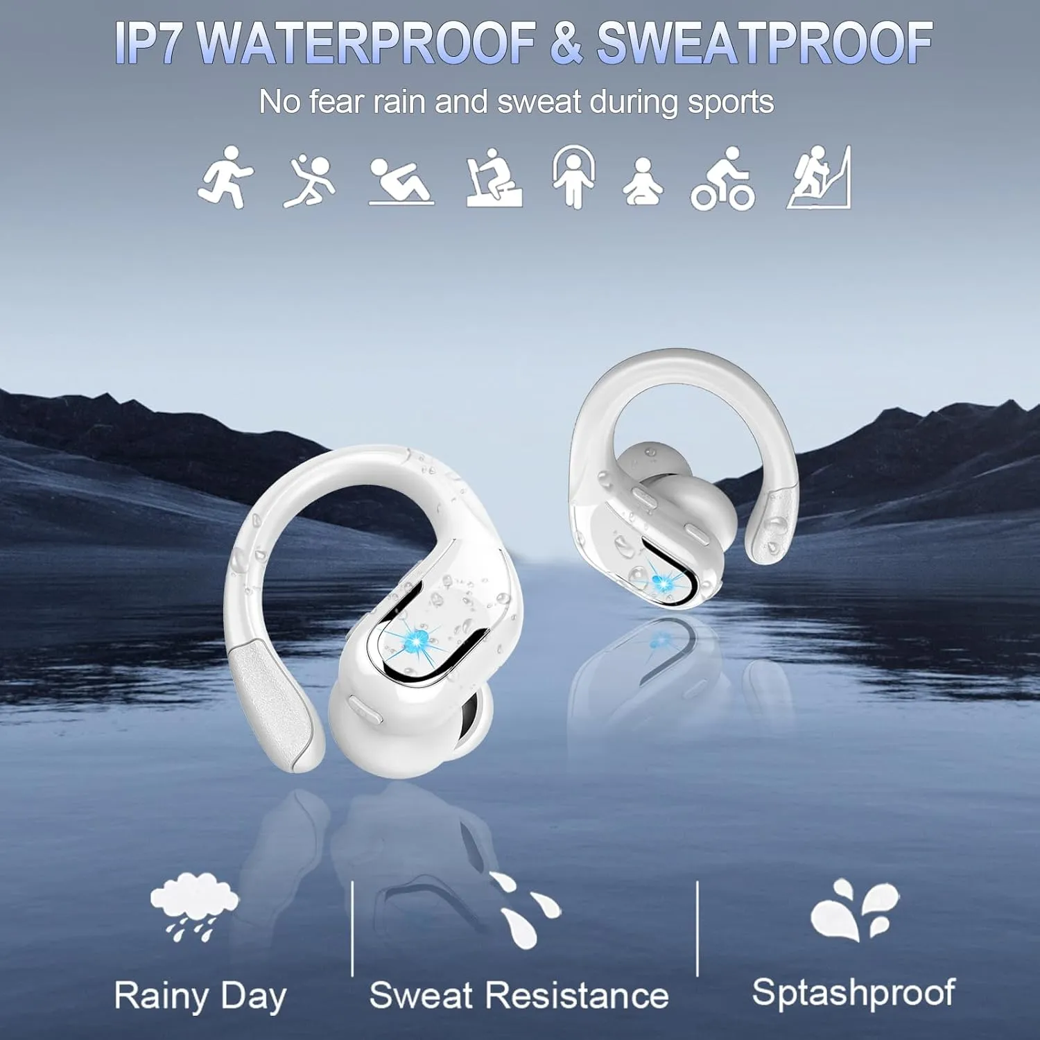 Wireless Earbud Bluetooth 5.4 Headphones 75Hrs Playtime, 2025 Bluetooth Earbuds Deep Bass Noise Cancelling Mic, Over Ear Bud with Sport Earhooks, IP7 Waterproof Earphones Button Control, USB-C White