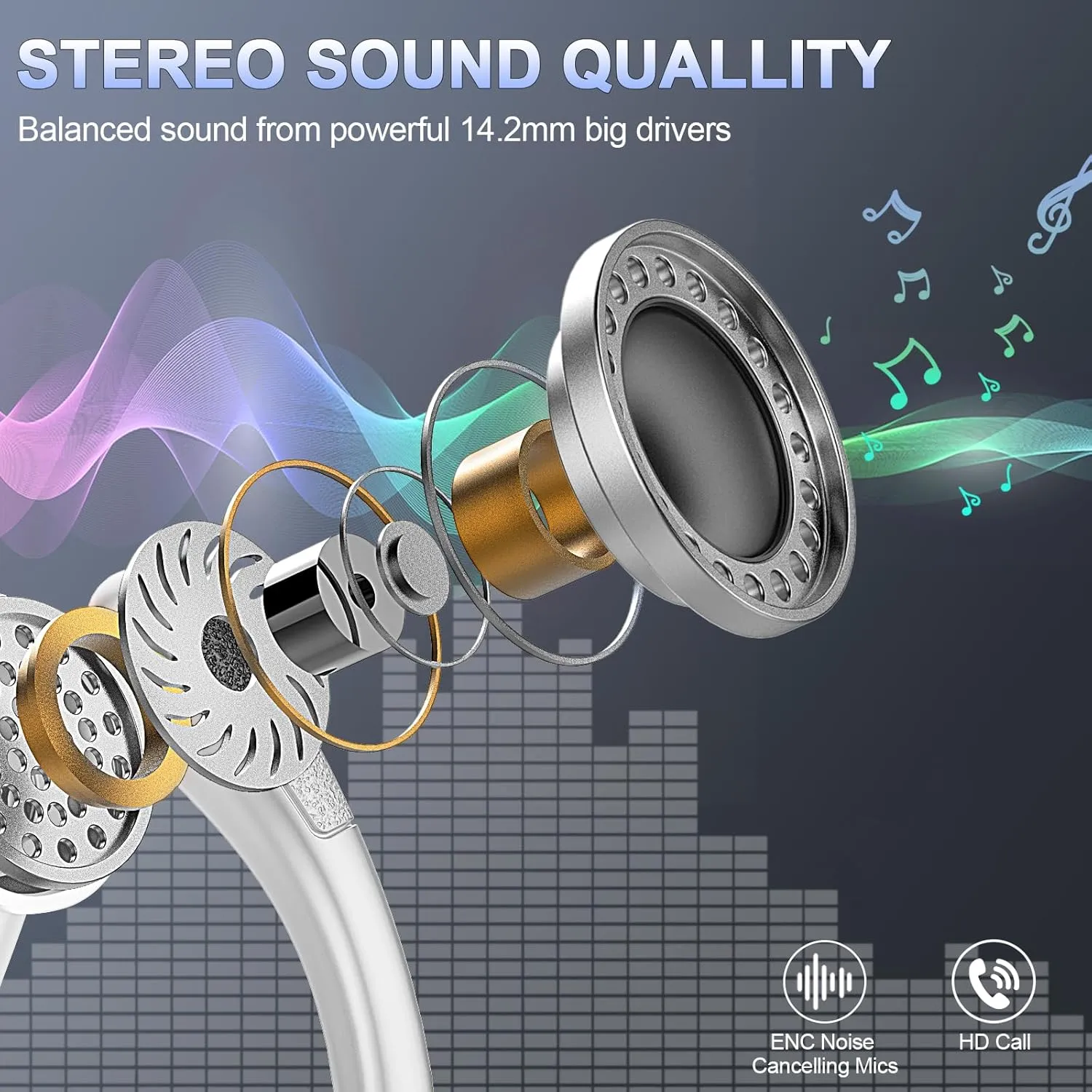 Wireless Earbud Bluetooth 5.4 Headphones 75Hrs Playtime, 2025 Bluetooth Earbuds Deep Bass Noise Cancelling Mic, Over Ear Bud with Sport Earhooks, IP7 Waterproof Earphones Button Control, USB-C White