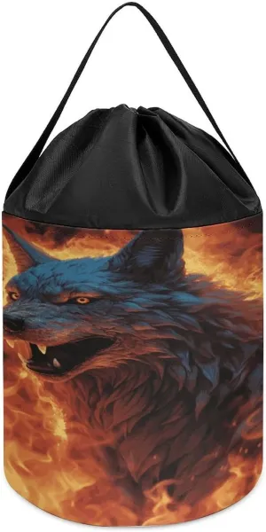 Wolf Surrounded by Fire Printed Building Block Toy Storage Bag, Foldable Polyester Drawstring Storage Bag