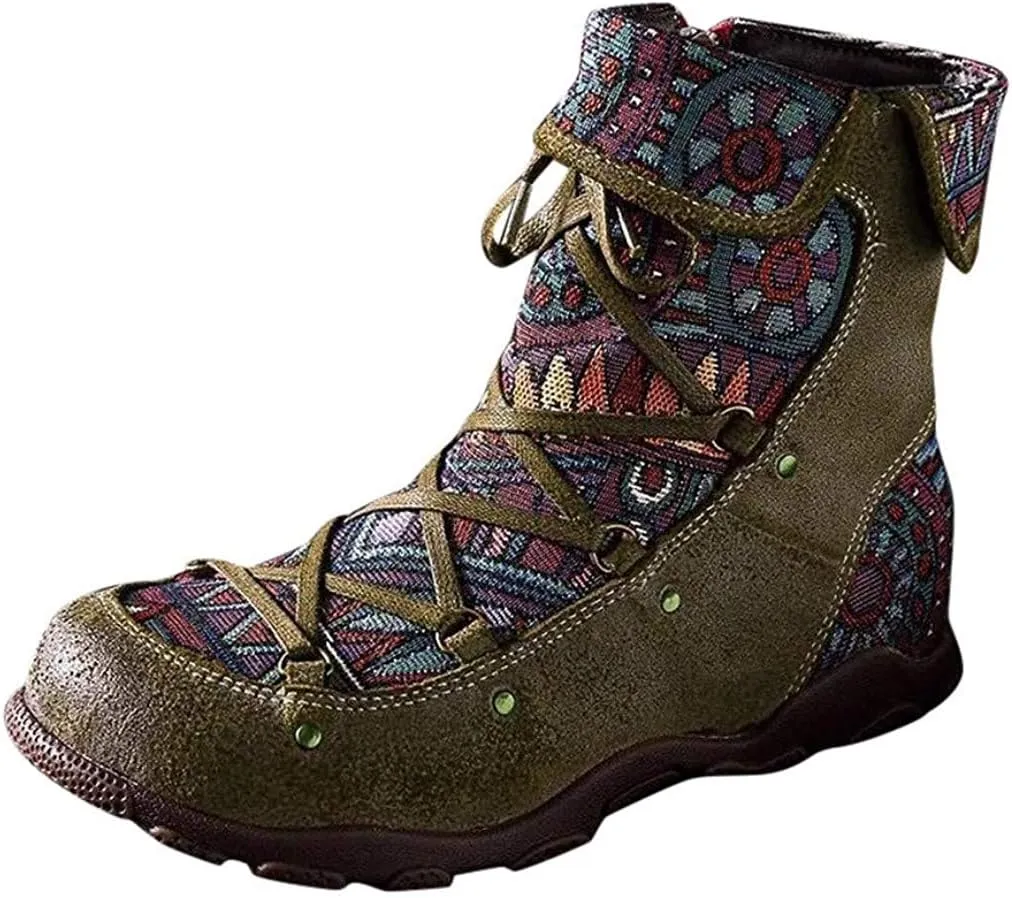 Womens Floral Combat Booties Ladies Vintage Comfy Lace Up Boho Ankle Boots Shoes