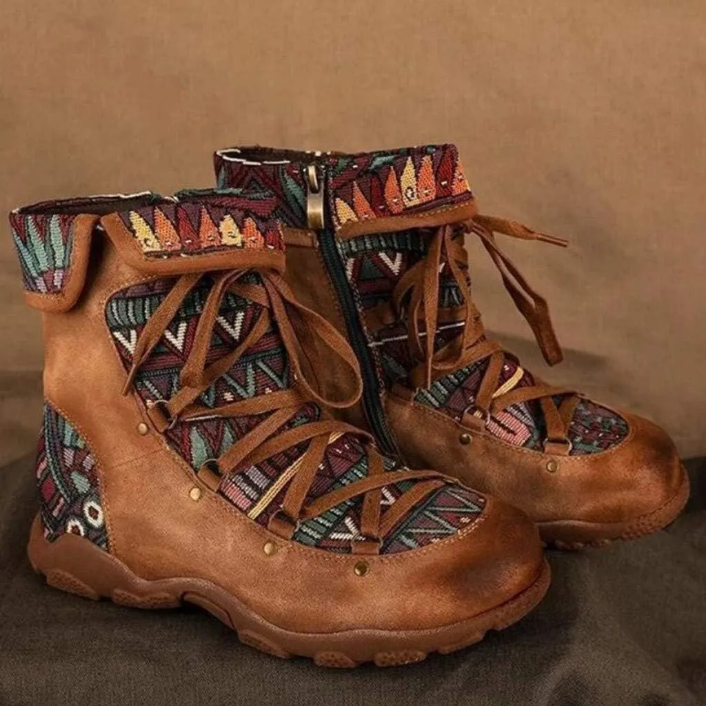 Womens Floral Combat Booties Ladies Vintage Comfy Lace Up Boho Ankle Boots Shoes