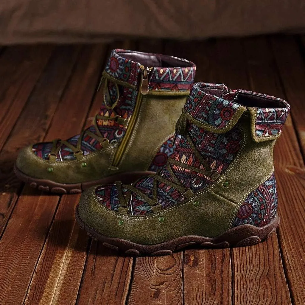 Womens Floral Combat Booties Ladies Vintage Comfy Lace Up Boho Ankle Boots Shoes