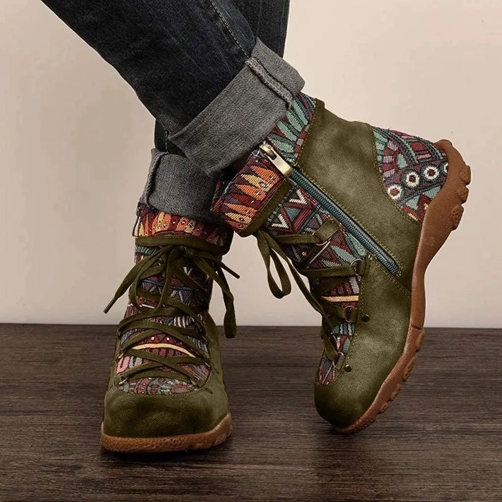 Womens Floral Combat Booties Ladies Vintage Comfy Lace Up Boho Ankle Boots Shoes