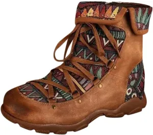 Womens Floral Combat Booties Ladies Vintage Comfy Lace Up Boho Ankle Boots Shoes