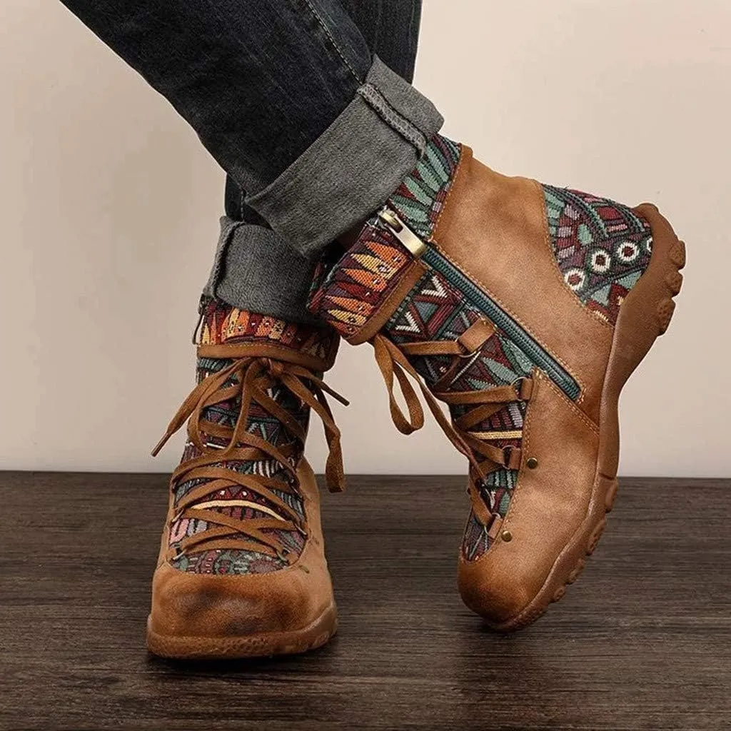 Womens Floral Combat Booties Ladies Vintage Comfy Lace Up Boho Ankle Boots Shoes