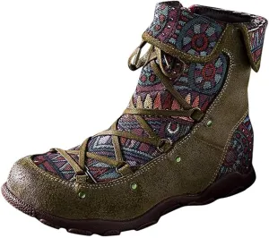 Womens Floral Combat Booties Ladies Vintage Comfy Lace Up Boho Ankle Boots Shoes