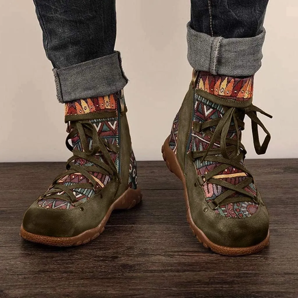 Womens Floral Combat Booties Ladies Vintage Comfy Lace Up Boho Ankle Boots Shoes