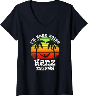 Womens I'm Kanz Doing Kanz Things Asian Names Retro Sunset V-Neck T-Shirt