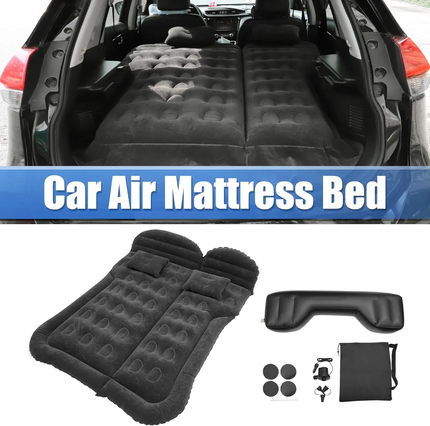 X AUTOHAUX Inflatable Car SUV Air Mattress Camping Bed Cushion Thickened Pillow PVC Flocking Mattress with Electric Air Pump Portable Sleeping Pad for Travel Camping Universal Black